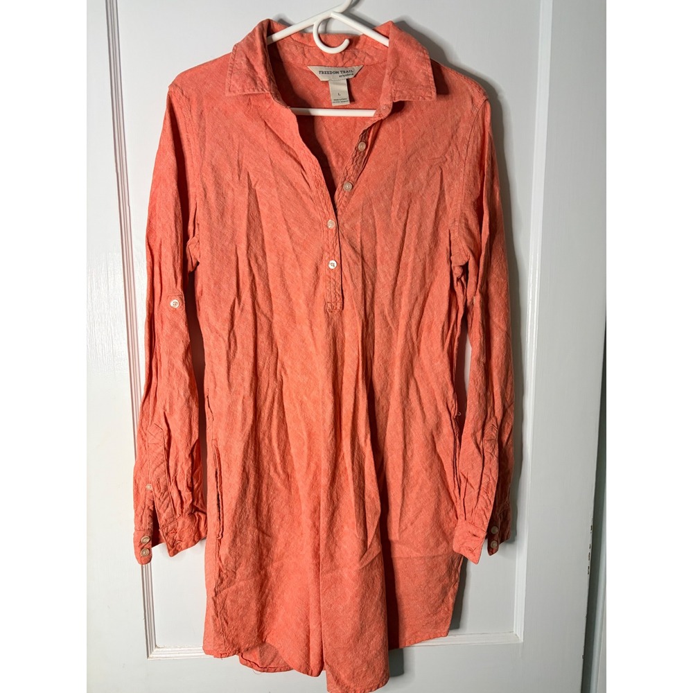 Freedom Trail by Kyodan Coral Orange Linen Blend Tunic Shirt Long Sleeve Large